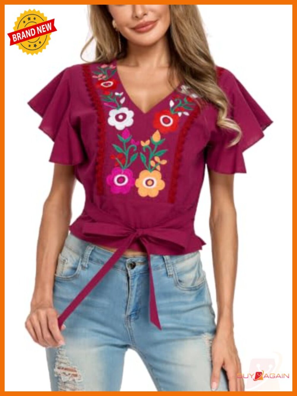 Women's Cotton V-Neck Tie Front Crop Top Ruffle Short Sleeve Boho Embroidered